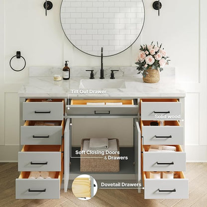 ARIEL Hepburn 60-inch Bathroom Vanity with Sink,Solid Wood, 1.5-inch Italian Carrara Marble Countertop, Single Rectangular Porcelain Sink, 2 Soft Closing Doors, 9 Dovetail Drawers, Grey