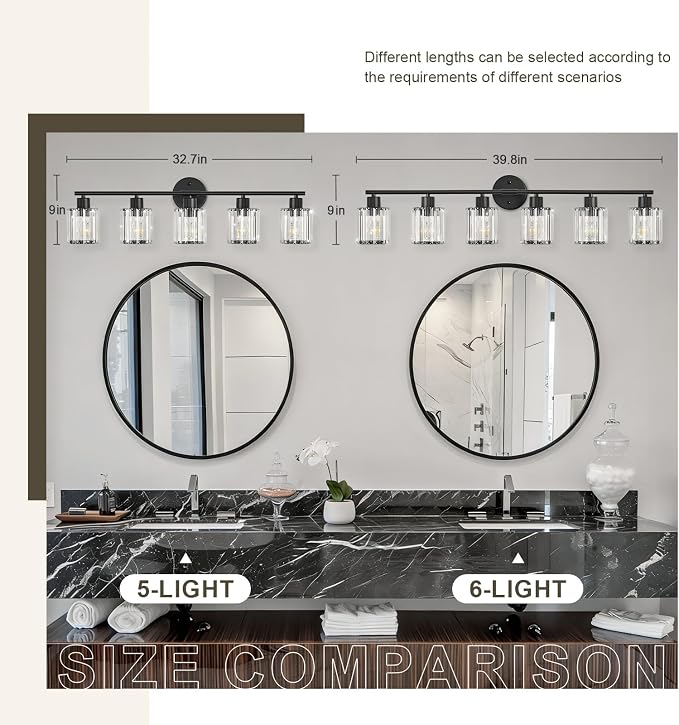 Modern Black Crystal Bathroom Light Fixtures,6-Light | Bathroom Lighting Fixtures over Mirror,Vanity Lights for Mirror, Restroom(Ceramic E26 Socket,Bulbs Not Include)