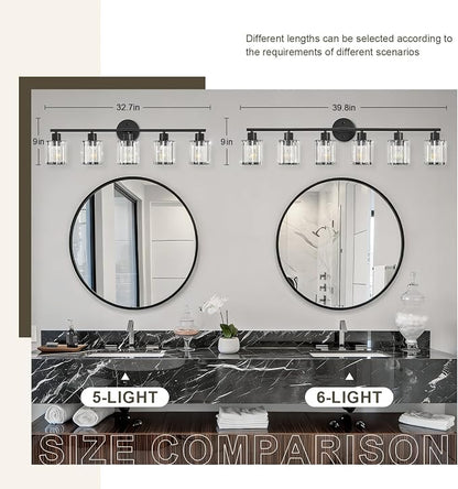 Modern Black Crystal Bathroom Light Fixtures,6-Light | Bathroom Lighting Fixtures over Mirror,Vanity Lights for Mirror, Restroom(Ceramic E26 Socket,Bulbs Not Include)