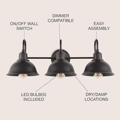 JONATHAN Y 27" Oil Rubbed Bronze Farmhouse Industrial 1-Light LED Vanity Wall Sconce for Bathroom Mirror Kitchen, Metal Shade, Dimmable Vintage Lighting, LED Bulb Included (JYL7483B)
