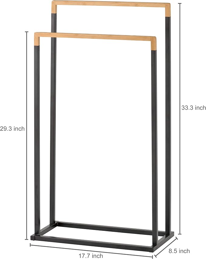 MyGift 33 Inch Free Standing Towel Rack for Bathroom, Freestanding Bath Towel Holder with 2 Tier Bamboo Wood Bar and Black Chrome Plated Metal, Drying Rack Stand Laundry