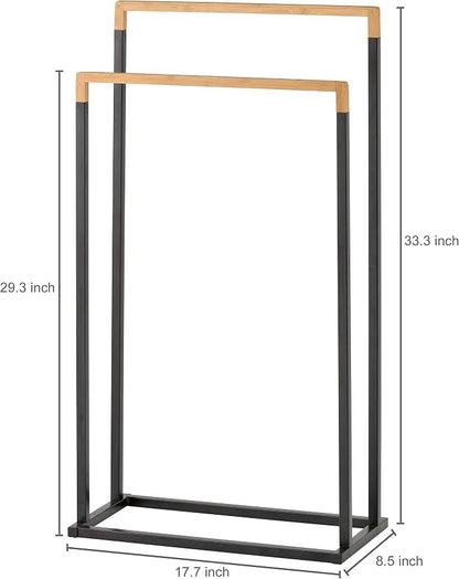 MyGift 33 Inch Free Standing Towel Rack for Bathroom, Freestanding Bath Towel Holder with 2 Tier Bamboo Wood Bar and Black Chrome Plated Metal, Drying Rack Stand Laundry
