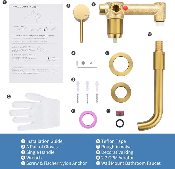 ARCORA Wall Mount Bathroom Faucet, Brushed Gold Single Handle Bathroom Sink Faucet Wall Mounted, Rough-in Valve Included