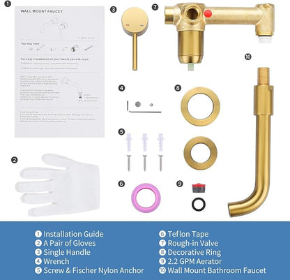 ARCORA Wall Mount Bathroom Faucet, Brushed Gold Single Handle Bathroom Sink Faucet Wall Mounted, Rough-in Valve Included