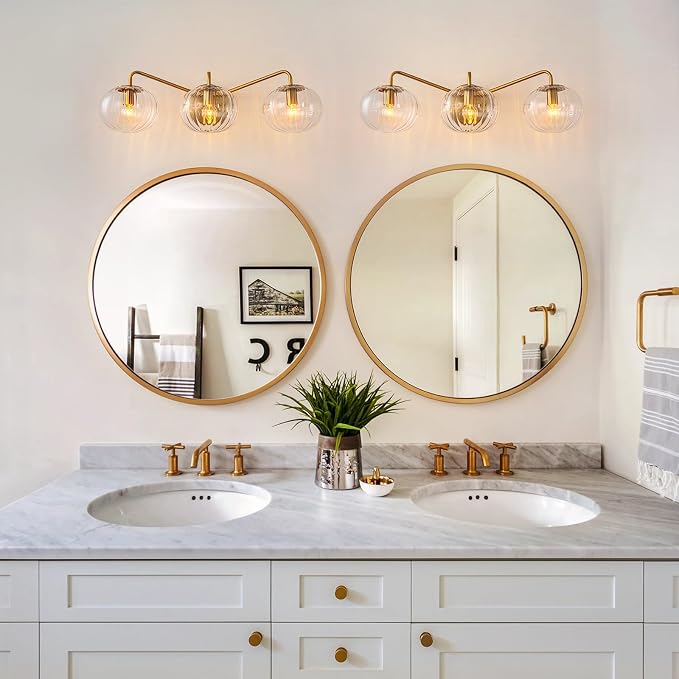 Lingkai Bathroom Light Fixtures,3 Lights Brushed Brass Vanity Light,Modern Wall Sconce with Clear Striped Glass Shade,Bathroom Vanity Lights Over Mirror for Hallway Picture Wall Lighting Living