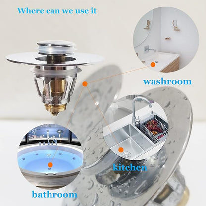 QYHNYJF Bathroom Sink Stopper with Hair Catcher – Universal Pop-Up Drain Strainer for 1.1–1.5 inch US Standard Sink Drain Holes, Anti-Clog Basin Stopper, Silver