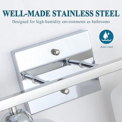 Mecgirn Stainless Steel Bathroom Vanity Light Over Mirror, 2 Light Polished Chrome Bathroom Light Fixtures with Textured Glass Shades, Modern Vanity Lighting Wall Mount