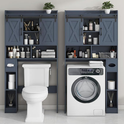Vabches Over The Toilet Storage Cabinet with Sliding Doors, Blue | Farmhouse Storage Cabinet Over Toilet, Home Space-Saving Toilet Rack, Toilet Paper Holder Stand,for Restroom,Bathroom,Laundry