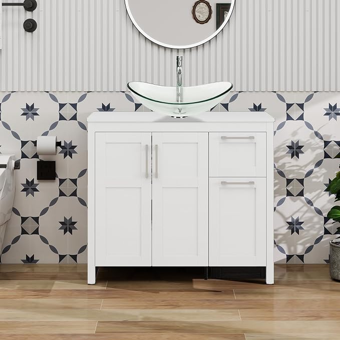 YOURLITE 36 Inches Traditional Bathroom Vanity Set with Single Faucet Hole, Clear Boat Glass Sink, White Finish, 2-Door Cabinet