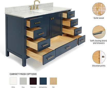 ARIEL Cambridge 60-inch Bathroom Vanity with Sink,Solid Wood, 0.75-inch Italian Carrara Marble Countertop, Single Rectangular Porcelain Sink, 2 Soft Closing Doors, 9 Dovetail Drawers, Midnight Blue