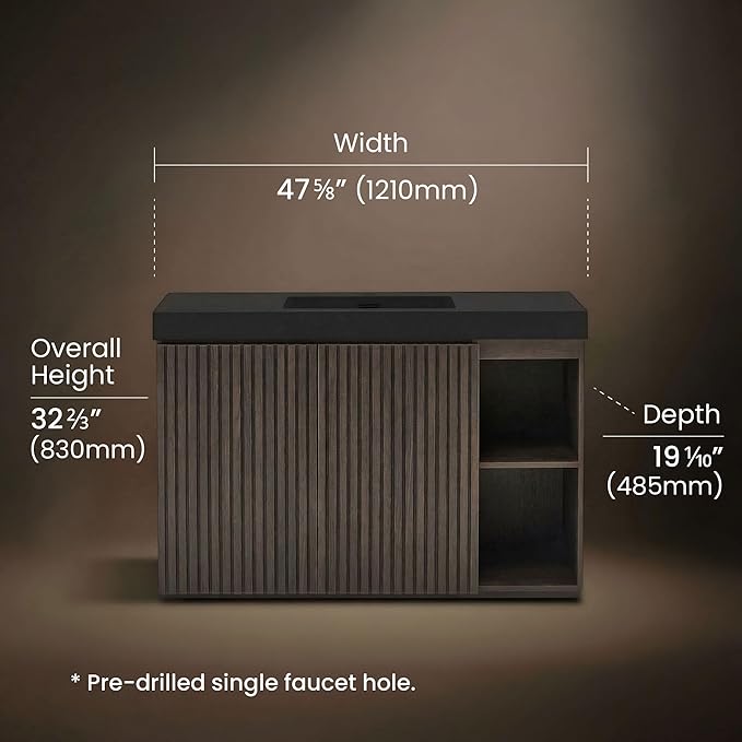 48" Bathroom Vanity with Sink Combo, Mid Century Modern Bathroom Cabinet with Doors & Open Shelf, Matte Black Integrated Sink with Overflow, Dark Grey Oak