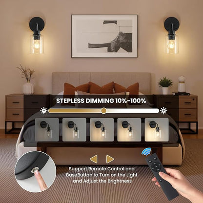 Epinl Battery Operated Black Wall Sconce Set of 2, Wireless Rechargeable Wall Lights with Remote Control, Modern Dimmable Wall Mount Lamps for Bedroom Living Room Bathroom, 3000K