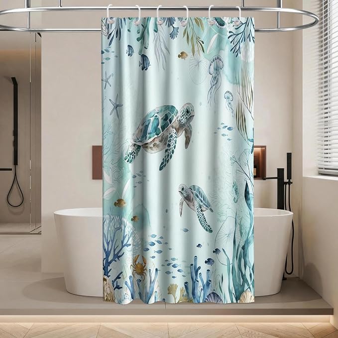Ocean Cute Turtle Shower Curtain Nautical Modern Luxury Tropical Coral | Nature Shower Curtains for Bathroom, Waterproof Bath Curtain with Hooks Machine Washable Bathtub Curtains 36x72 Inch Blue