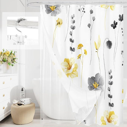 3 in 1 Yellow Watercolor Floral Shower Curtain Liner Set, 72x72 | 3 in 1 Shower Curtain Set, PEVA Liner& 12 Double Sided Steel Hooks, Waterproof Fabric Bathroom Curtain
