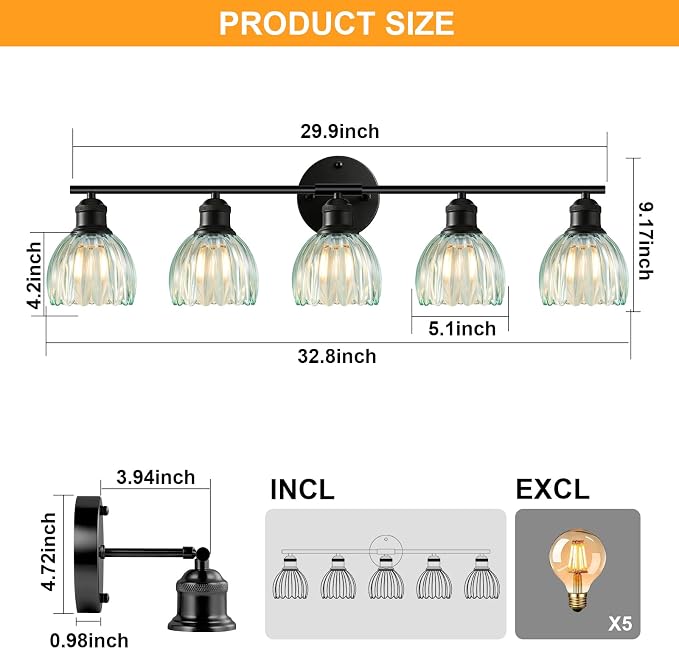 Bathroom Light Fixtures, 5-Light Brushed Black Vanity Lights for Bathroom with Blue Tulip Glass Shade, 30" Vintage Bathroom Vanity Lighting Fixtures Over Mirror for Bedroom Living Room Hallway