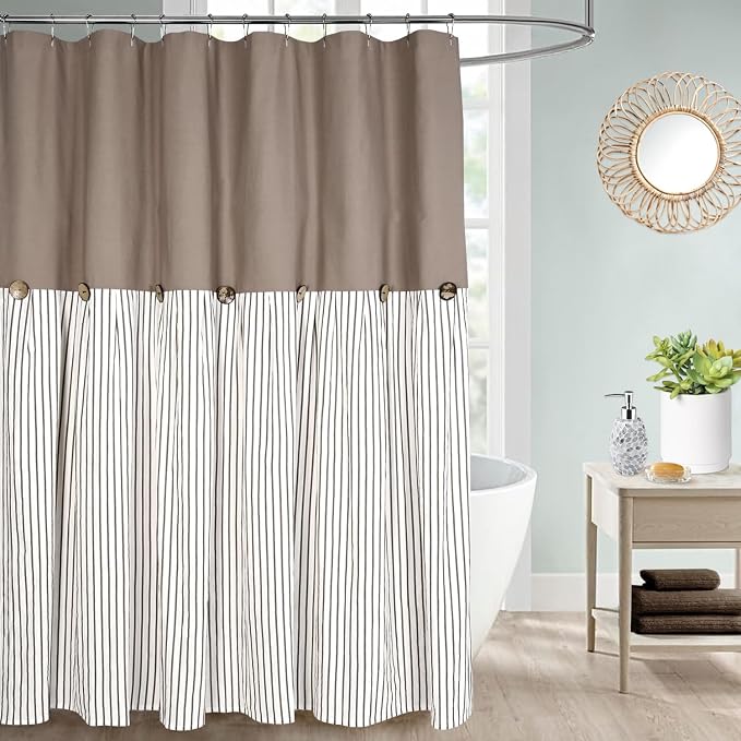 DOSLY Ides Farmhouse Taupe Shower Curtain, Taupe and Brown Stripe, Button Curtain, Cotton Blend and Cotton Woven Fabric, Rustic Charm Country Chic Style, 72x78 in, Bathroom