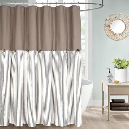 DOSLY Ides Farmhouse Taupe Shower Curtain, Taupe and Brown Stripe, Button Curtain, Cotton Blend and Cotton Woven Fabric, Rustic Charm Country Chic Style, 72x72 in, Bathroom