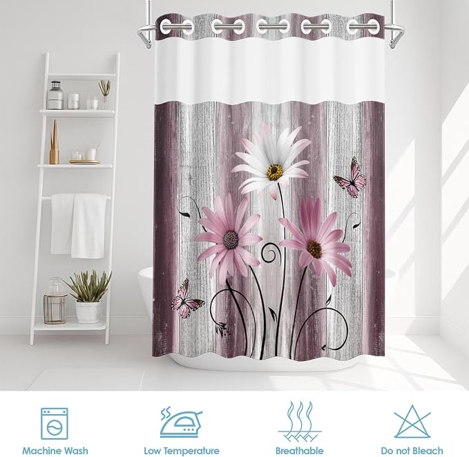 No Hook Shower Curtain with Snap in Liner 71x86 Inch Pink Daisy | Farmhouse Flower Rustic Modern Double Layers Waterproof Fabric with See Through Top Window Open Grommet Bath Curtain