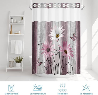 No Hook Shower Curtain with Snap in Liner 71x86 Inch Pink Daisy | Farmhouse Flower Rustic Modern Double Layers Waterproof Fabric with See Through Top Window Open Grommet Bath Curtain