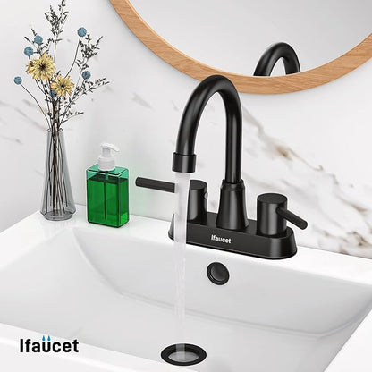 Black Bathroom Faucet 3 Hole, Bathroom Faucets for Sink 3 Hole, Bathroom Sink Faucet, 4 Inch 2 Handle Centerset, Lead-Free, with Copper Pop Up Drain (Matte Black)