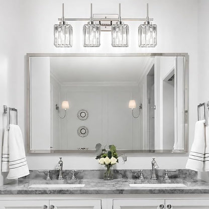 Torondo Modern Crystal Bathroom Vanity Light 4-Lights Chrome Bathroom Light Fixtures Over Mirror Vanity Lighting Fixtures Gold Square Shade Wall Sconce (Bulbs Not Include)