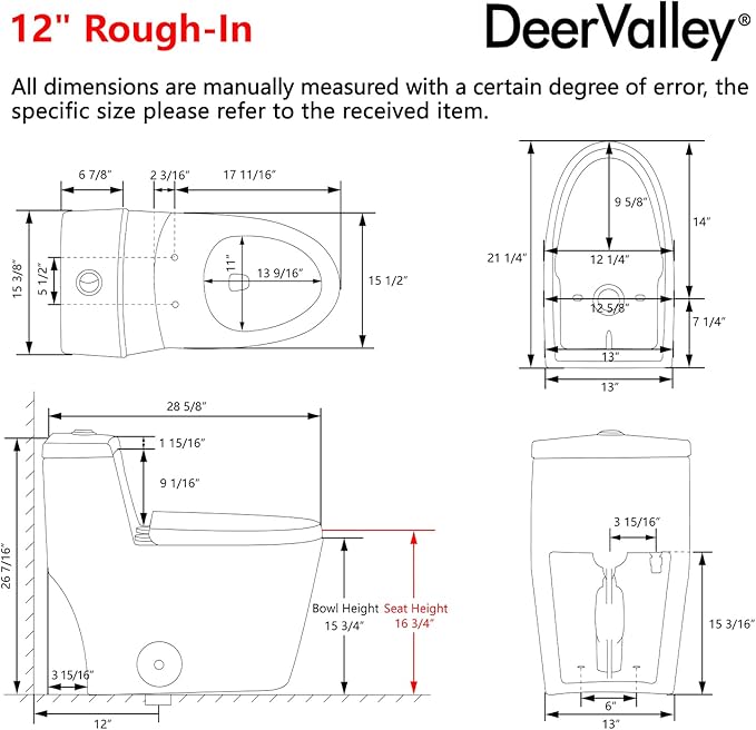 DeerValley One Piece Toilet Elongated 1.1/1.6 GPF Dual Flushing Toilets with 17" ADA Comfortable Chair Seat 12" Rough-In High-Efficiency Black Toilet DV-1F52636B