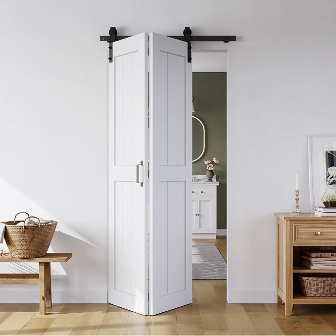 SMARTSTANDARD Bifold Barn Door 40" x 84", MDF Bi-Fold Sliding Closet Doors | Hardware Kit Included, Pre-Finished Easy Assembly, Water-Proof PVC Surface & Save Space, H-Frame, 44" Track for 2 Doors