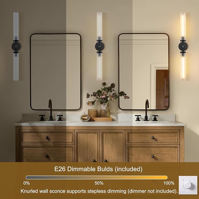 30" 2 Lights Hardwired Frosted Glass Bathroom Wall Sconces, Handmade Knurled Black Wall Light Fixture,Modern Vanity Light for Living Room,Hallway, Bedroom, Indoor Wall Lamp, Bulb Included
