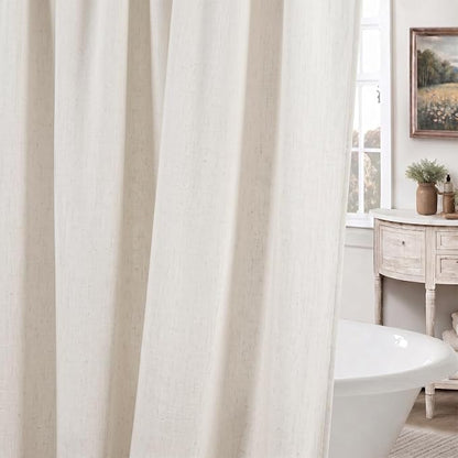 Linen Shower Curtain Boho Cream Shower Curtain with Tassels 72"W x 78"L | Thick linen-poly blend, soft textured drape, handcrafted fringe, neutral rustic farmhouse bathroom decor