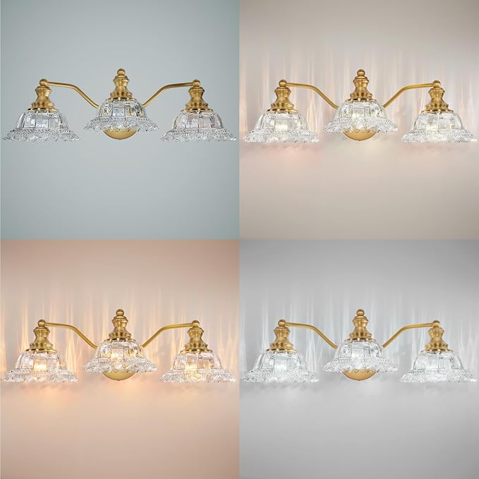 Brass Bathroom Light Fixtures Over Mirror, 3 Light Vintage Bathroom Vanity Light Fixture with Clear Flower Glass Shades, Retro Gold Wall Sconce E26 Vanity Lights for Bathroom Living Room