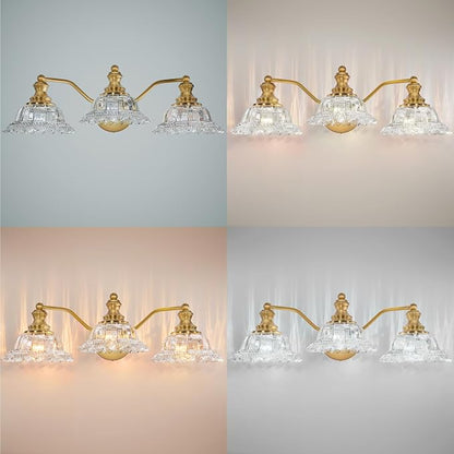 Brass Bathroom Light Fixtures Over Mirror, 3 Light Vintage Bathroom Vanity Light Fixture with Clear Flower Glass Shades, Retro Gold Wall Sconce E26 Vanity Lights for Bathroom Living Room