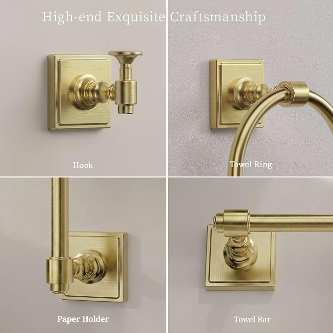 VEHCIL Brushed Gold Bathroom Towel Bar Set, 5 Piece Bathroom Hardware Accessory Set, SUS304 Stainless Steel 24" Towel Rack Holder Set for Bathroom, Wall Mounted