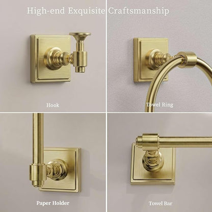 VEHCIL Brushed Gold Bathroom Towel Bar Set, 5 Piece Bathroom Hardware Accessory Set, SUS304 Stainless Steel 24" Towel Rack Holder Set for Bathroom, Wall Mounted