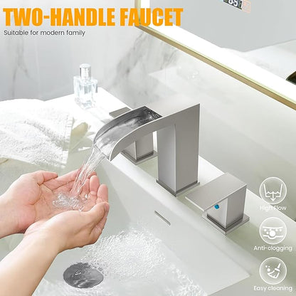 Waterfall Bathroom Faucets for Sink 3 Hole - Brushed Nickel Waterfall Bathroom Faucet 8 Inch Widespread Faucet Bathroom 2-Handles Modern Vanity Faucets with Overflow Pop Up Drain Supply Lines