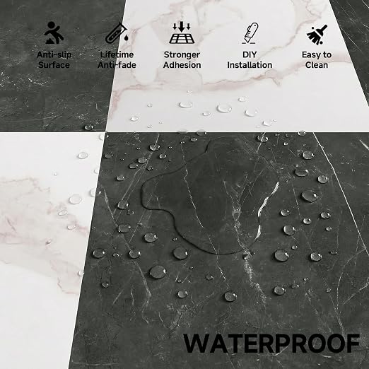 Peel and Stick Floor Tiles | Light Green Marble 30 Sq.Ft | Stone Texture / Anti-Slip /Surface Coated / Recycle Material / Waterproof / Indoor Area /Diy Installation