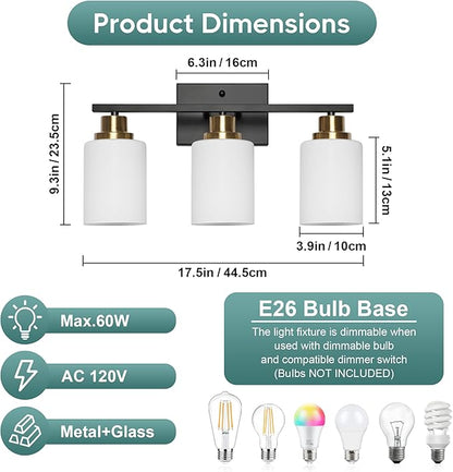 Ascher Bathroom Light Fixtures, 3-Light Vanity Light Over Mirror, Black and Gold Wall Sconces with Milky White Frosted Glass Shades, Wall Lamp for Living Room Bedroom, E26 Base(Bulbs Not Included)