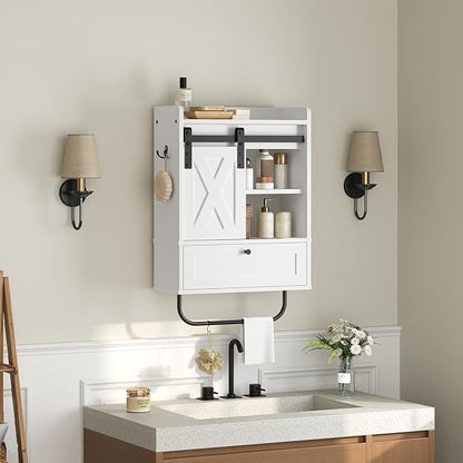 Bathroom Wall Cabinet, Farmhouse Medicine Cabinets with Sliding Door, Wall Mounted Storage Cabinet with Adjustable Shelf and Towel Bar, for Bathroom, Living Room, Kitchen, White