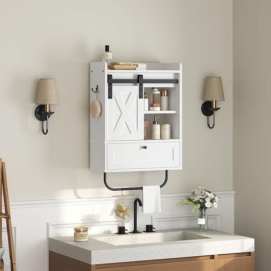 Bathroom Wall Cabinet, Farmhouse Medicine Cabinets with Sliding Door, Wall Mounted Storage Cabinet with Adjustable Shelf and Towel Bar, for Bathroom, Living Room, Kitchen, White