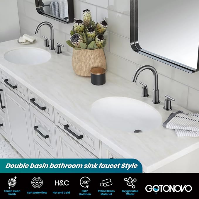 gotonovo 3 Hole 2 Handles Lavatory Basin Bathroom Sink Faucet with Pop Up Drain with Hot and Cold Mixer Valves 8 Inch Widespread Bathroom Faucet Gray
