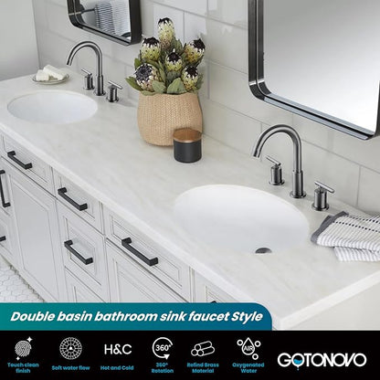 gotonovo 3 Hole 2 Handles Lavatory Basin Bathroom Sink Faucet with Pop Up Drain with Hot and Cold Mixer Valves 8 Inch Widespread Bathroom Faucet Gray