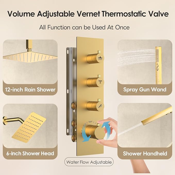 Shower Faucet Set,Thermostatic Shower System Brushed Gold,12 Inch Ceiling Mounted and 6 Inch Wall Mount Rain Shower Head with 2 in 1 Handhled,High Pressure Dual Shower Head Combo Set