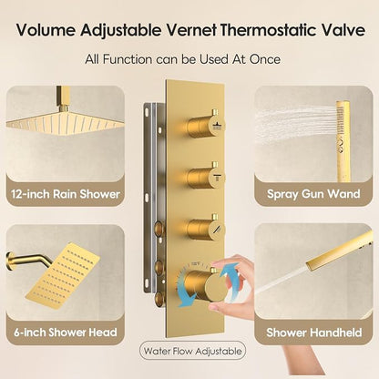 Shower Faucet Set,Thermostatic Shower System Brushed Gold,12 Inch Ceiling Mounted and 6 Inch Wall Mount Rain Shower Head with 2 in 1 Handhled,High Pressure Dual Shower Head Combo Set