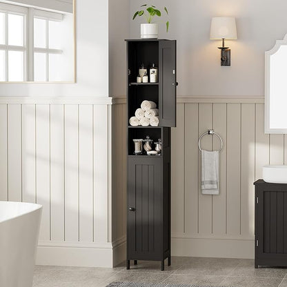 Tall Bathroom Storage Cabinet with 2 Doors, 67"H Narrow Storage Cabinet with Adjustable Shelves& Anti-Tip Design, Reversible Door Installation, Easy Assembly, 11.8 x 11.8 x 66.9 Inches, Black
