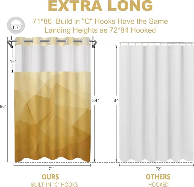 No Hook Shower Curtain with Snap in Liner Set, Yellow, 71x86 | Waterproof Fabric for Bathroom, Modern Hotel Style Ombre Design, Mesh Top Window, Machine Washable, Quick Install