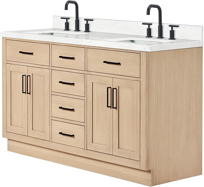 ARIEL Hepburn 60-inch Bathroom Vanity with Sink,Solid Wood, 1.5-inch Carrara White Quartz Countertop, Double Rectangular Porcelain Sink, 4 Soft Closing Doors, 6 Dovetail Drawers, White Oak