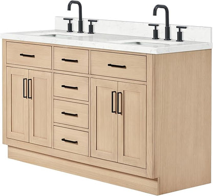 ARIEL Hepburn 60-inch Bathroom Vanity with Sink,Solid Wood, 1.5-inch Carrara White Quartz Countertop, Double Rectangular Porcelain Sink, 4 Soft Closing Doors, 6 Dovetail Drawers, White Oak