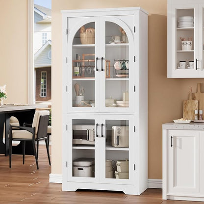 Garvee 70" Tall Kitchen Pantry Cabinet with 4 Arched Glass Doors, White | Modern Display Cabinet with Adjustable Shelves, Versatile Cupboard Organizers for Kitchen, Dining Room, Living Room, Bathroom