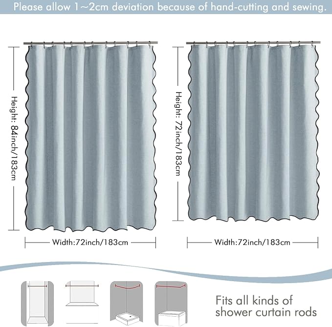 MIULEE Light Blue Scalloped Linen Shower Curtain 72x72 Inches | Linen Textured, Waterproof, Washable, 12 Metal Hooks, Heavy Duty Cloth, Black Border, Shower Curtain for Bathroom Bathtub