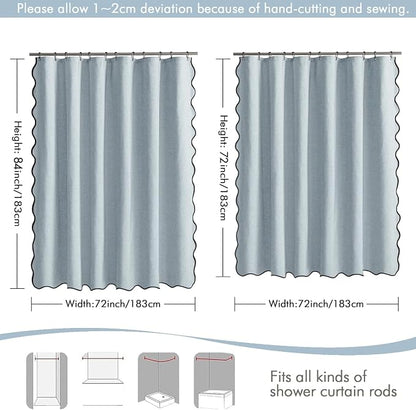 MIULEE Light Blue Scalloped Linen Shower Curtain 72x72 Inches | Linen Textured, Waterproof, Washable, 12 Metal Hooks, Heavy Duty Cloth, Black Border, Shower Curtain for Bathroom Bathtub