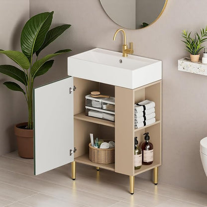 21.6" Freestanding Bathroom Vanity with Ceramic Sink, Green | Ceramic Sink, Wave-Pattern Door & Two-Layer Right Open Compartment, Bathroom Storage Cabinet, Easy Installation